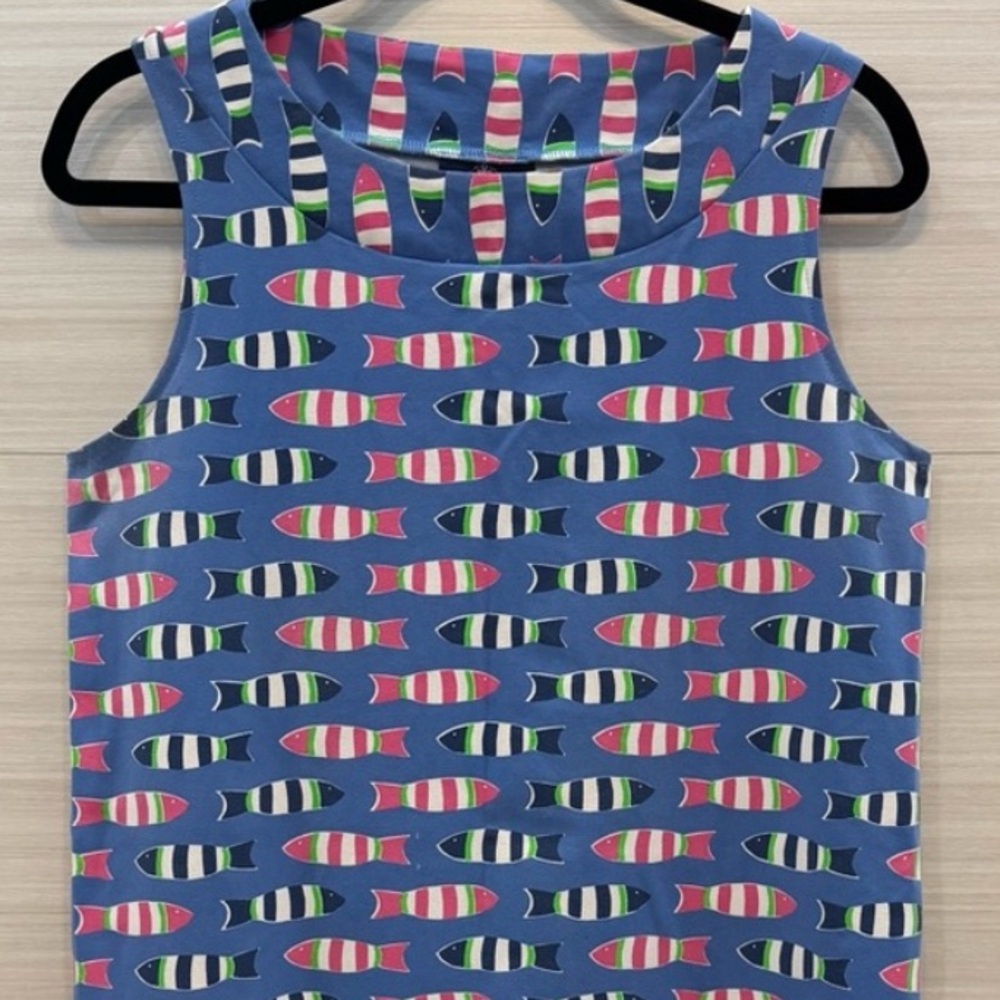 Sleeveless Mini Dress in Blue with Multicolor Striped Fish Print